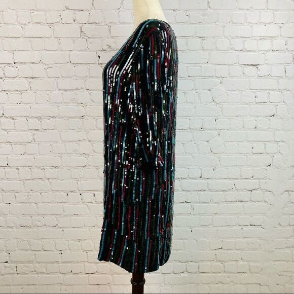 NEW! Anthro Elisa Rainbow Sequin Vertical Striped Shirt Dress - Picture 6 of 15